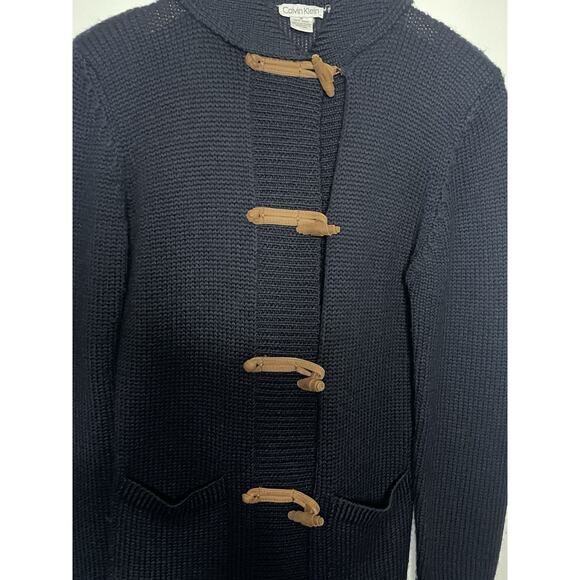 Calvin Klein 100% Wool Leather Toggle Shawl Collar Chunky Sweater Women’s Medium - Picture 4 of 6